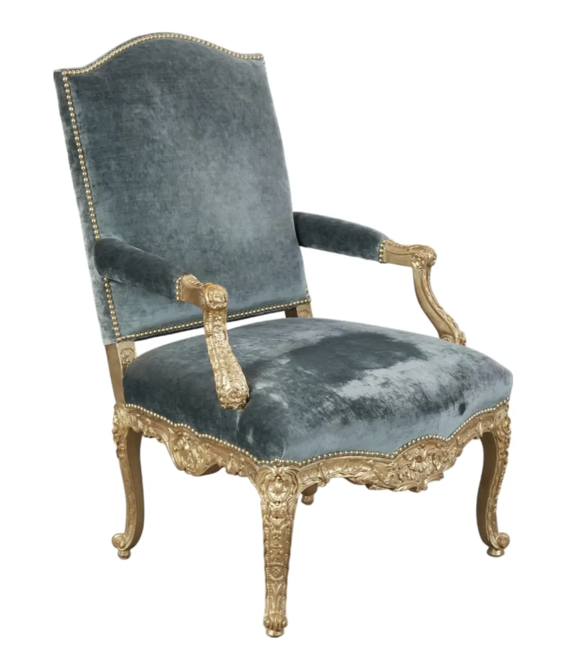 Quatrain for Dessin Fournir Louis XV Style Giltwood Fauteuil Arm Chair W Blue Silk Velvet