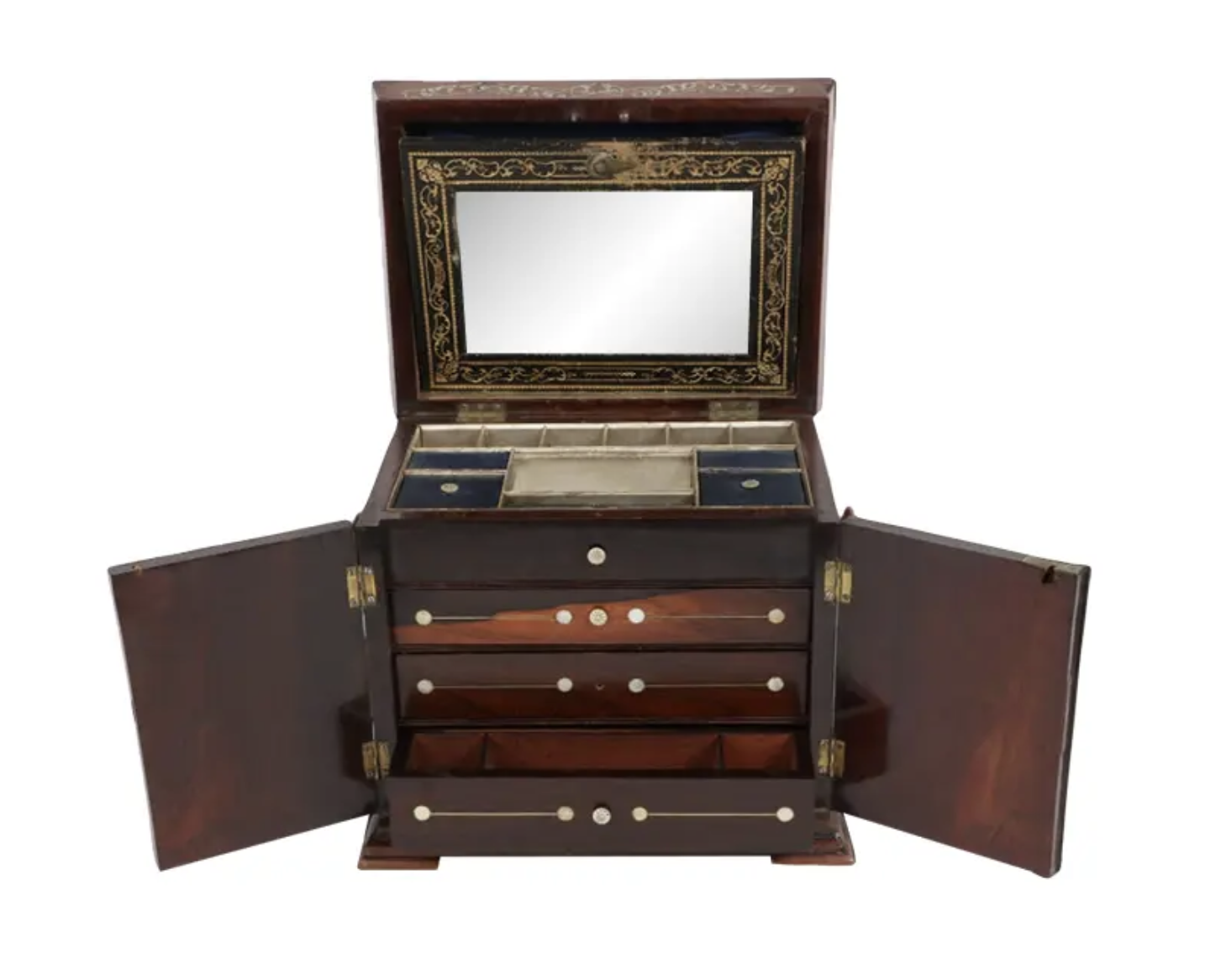 Antique Early 19c William IV Mother of Pearl Inlaid Rosewood Table Cabinet Jewelry Box