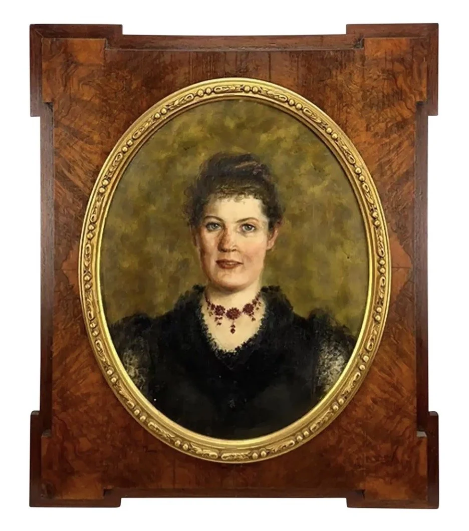 Antique Portrait Oil Painting on Canvas in Burl Walnut Frame