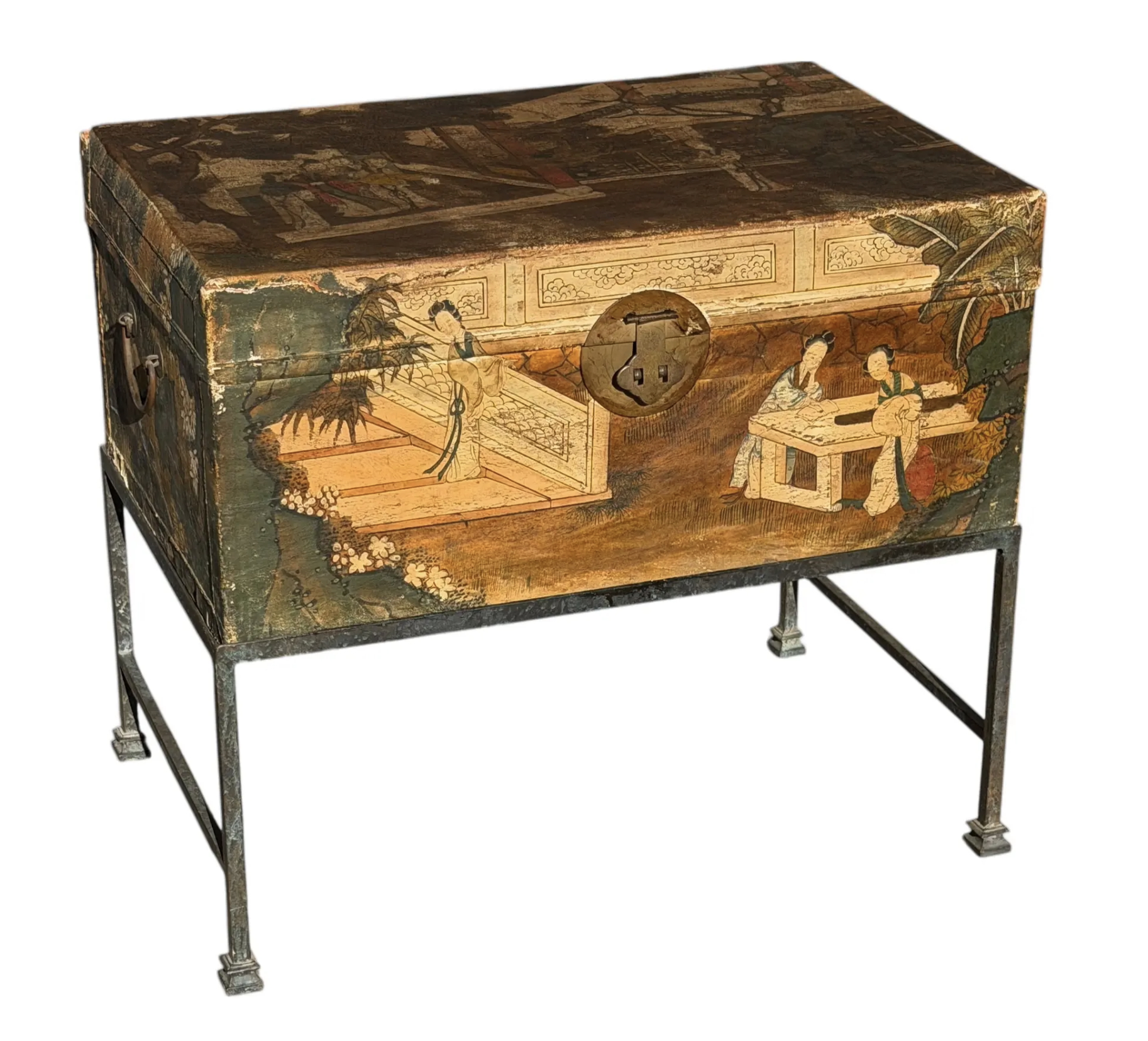 Antique Chinese Polychrome Pigskin Box Chest on Stand