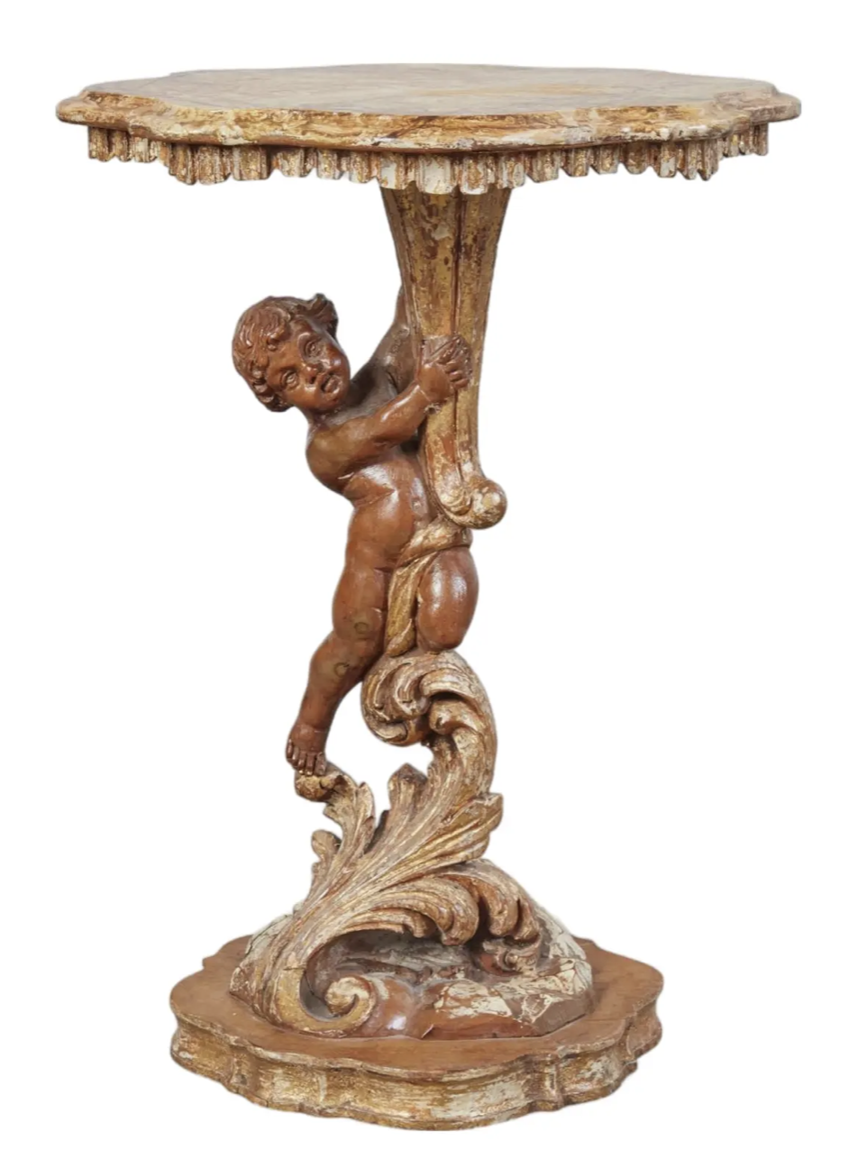 Antique Italian Rococo Parcel Gilt Polychrome Decorated Figural Occasional Table