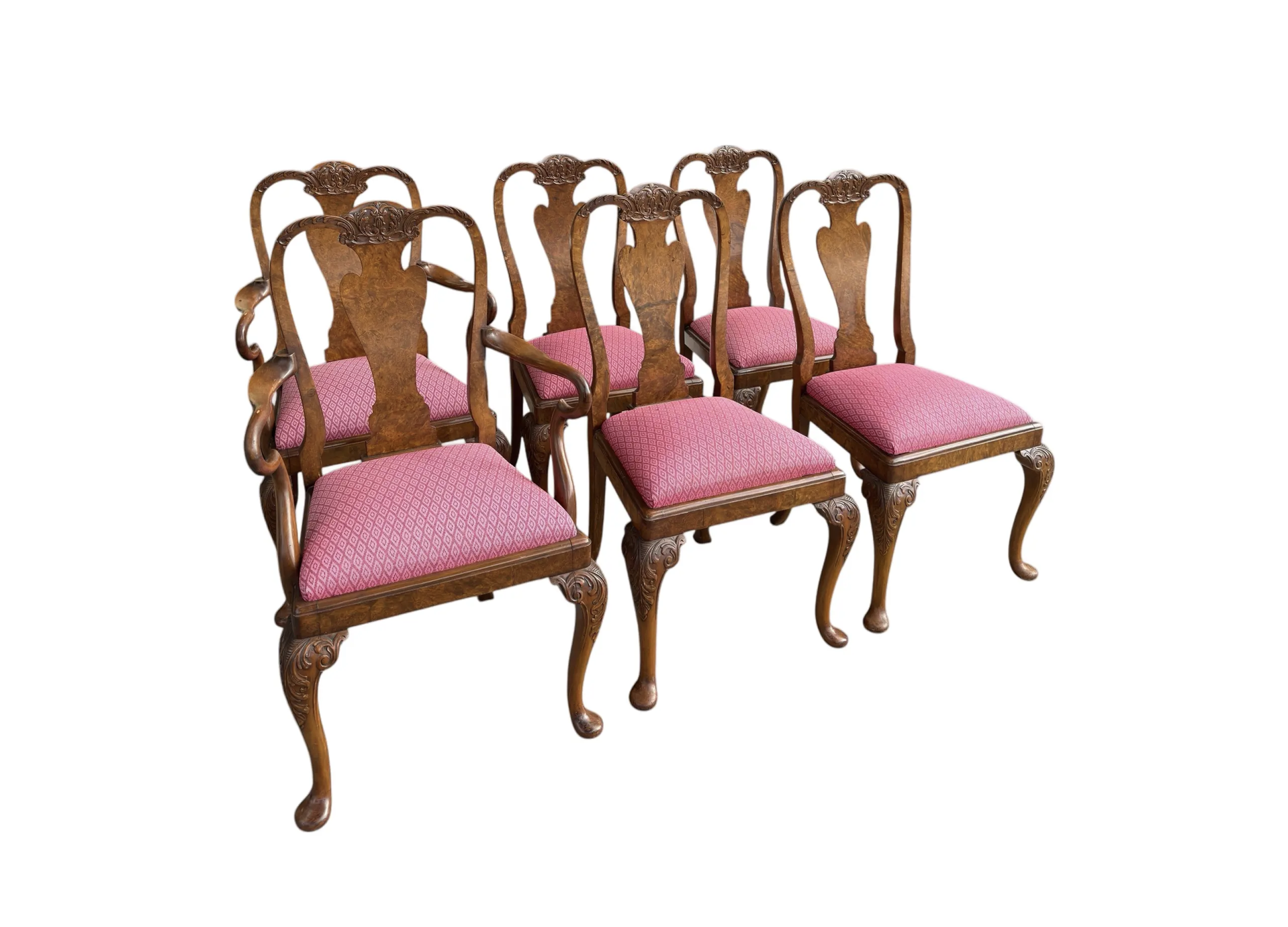 Set of 6 Antique 19c Queen Anne Style Carved Burl Walnut Dining Chairs