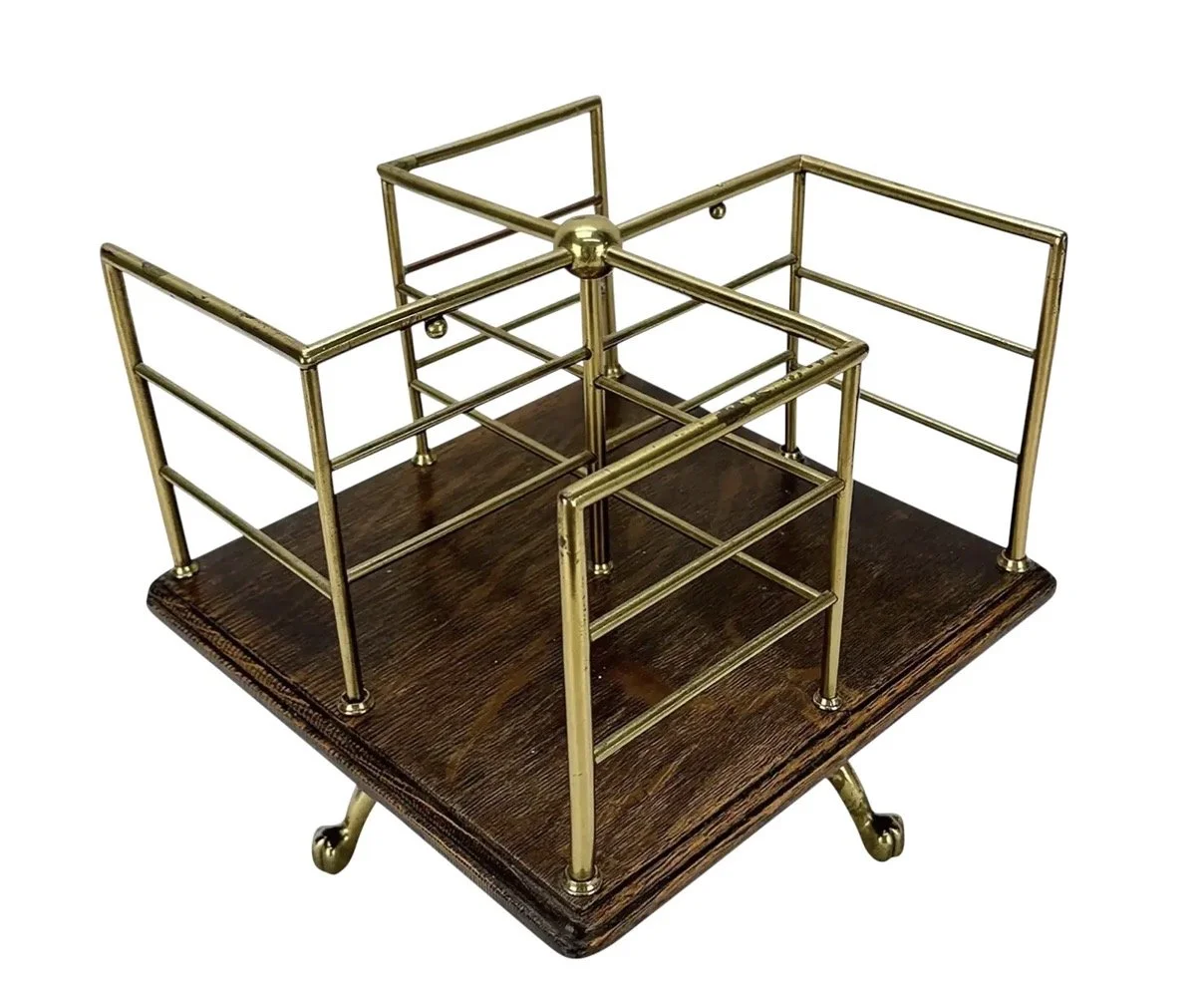 Antique Table Top Brass & Oak Rotating Book Stand