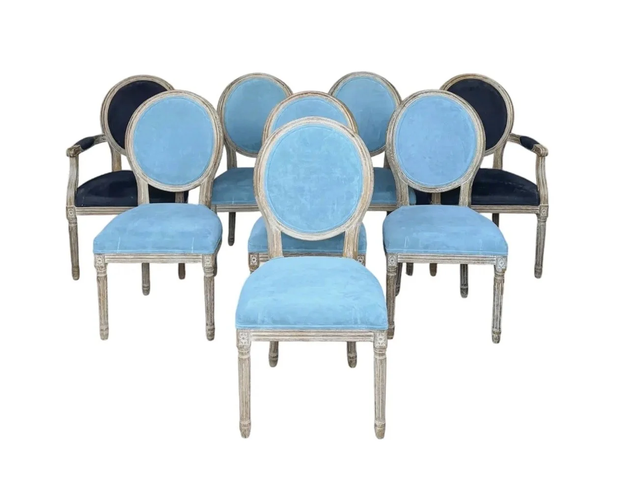 Set of 8 Swedish Louis XVI Style Blue Velvet Upholstered Dining Chairs
