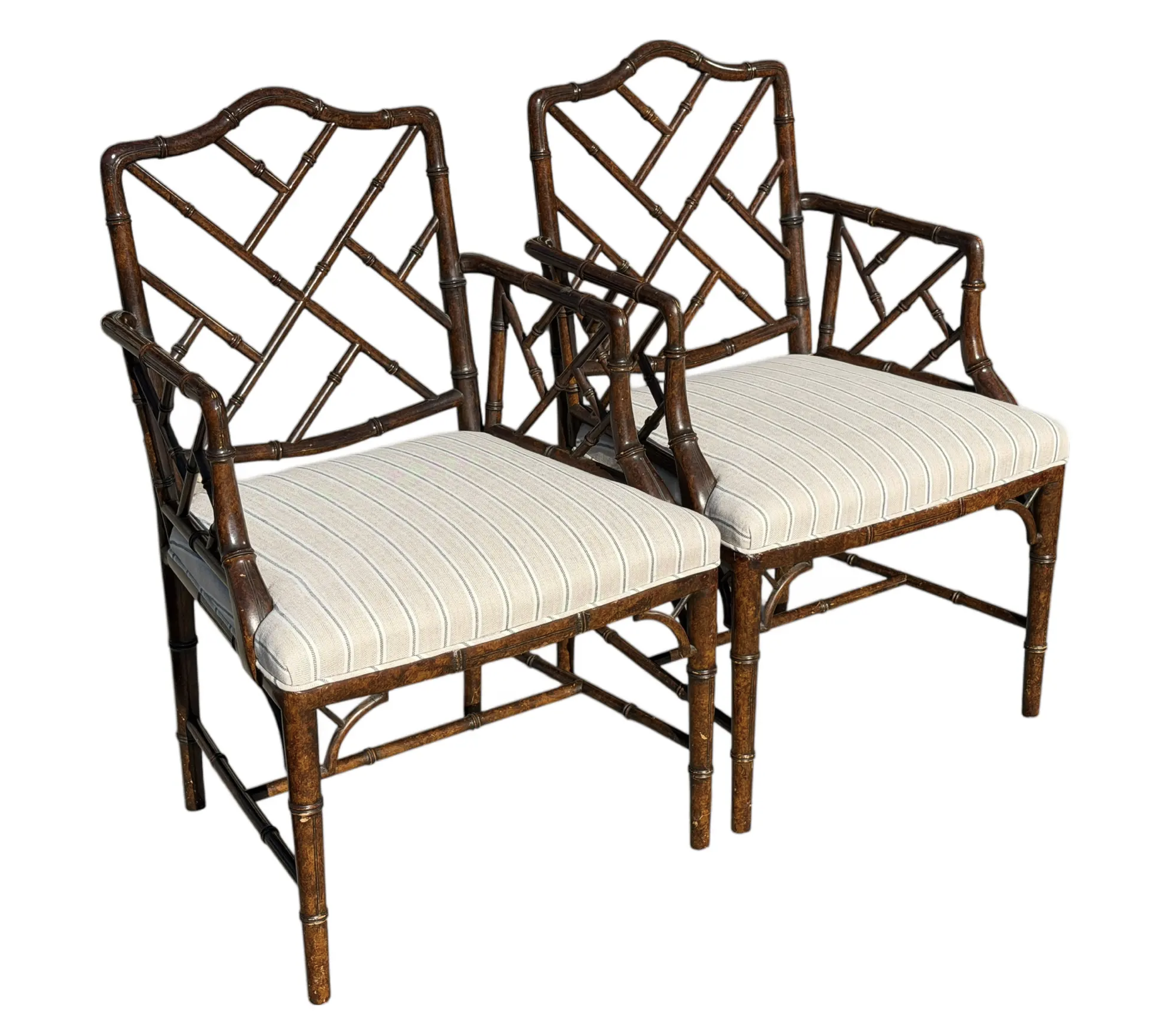 Pair of Hollywood Regency Faux Bamboo & Linen Striped Arm Chairs