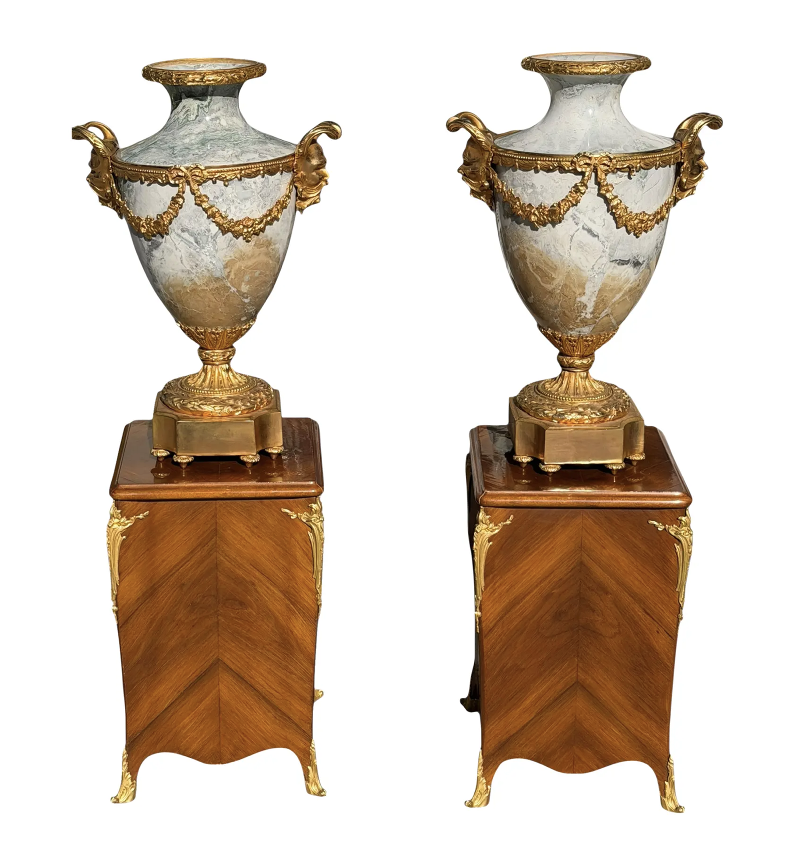 Pair of Louis Vvi Style Gilt Bronze Urns on Tulipwood Stands