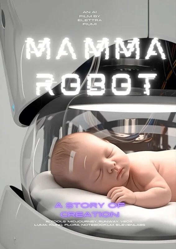 A sleeping baby inside a futuristic robotic incubator with neon-colored text overlays about a story of creation and AI tools.