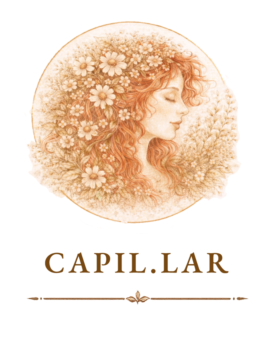 Ilustración de una mujer con cabello rizado y color cobre, rodeada de flores y hojas, en un estilo artístico suave y detallado. Logo de la marca 'Papiro' debajo de la imagen.