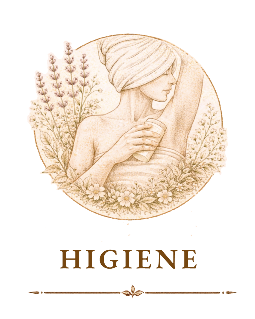 Dibujo en tonos sepia de una mujer con un turbante, sosteniendo un vaso, rodeada de flores y plantas, con la palabra "BÁGUINA" debajo.