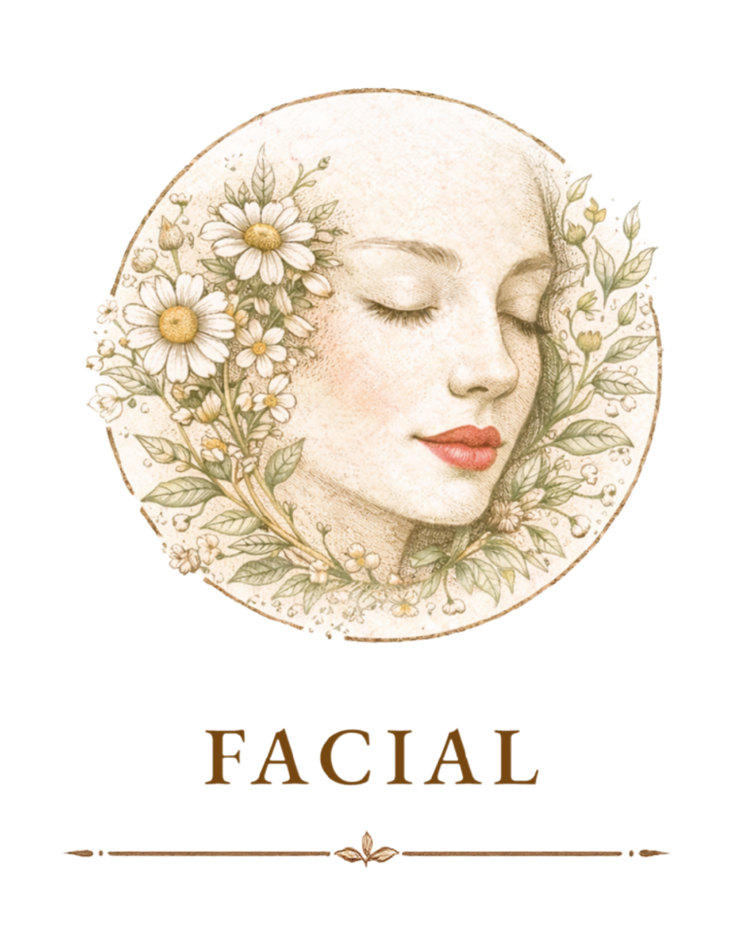 Rostro de mujer con ojos cerrados, rodeado de flores y hojas, con texto que dice 'Facial' debajo.