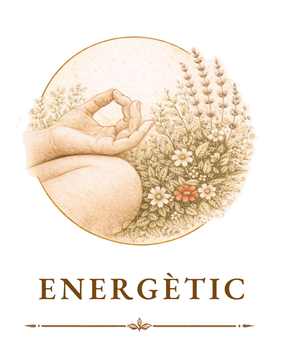 Dibujo de una mano haciendo la postura de la meditación, rodeada de hierbas y flores, con la palabra 'ENERGÉTIC' debajo.
