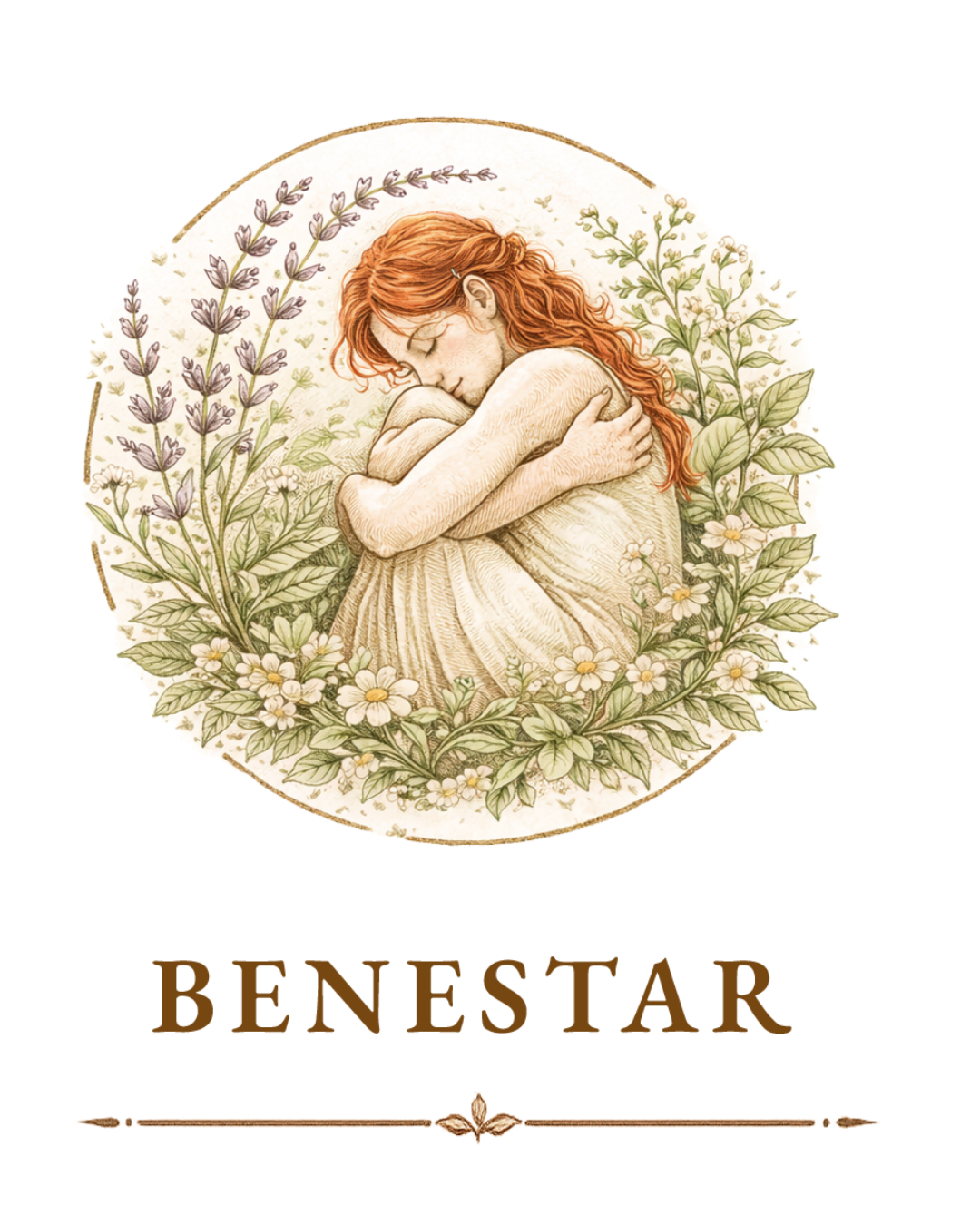 Ilustración de una mujer de cabello rizado y rojo que abraza sus rodillas con los ojos cerrados, rodeada de plantas y flores, con la palabra 'Benestar' debajo.