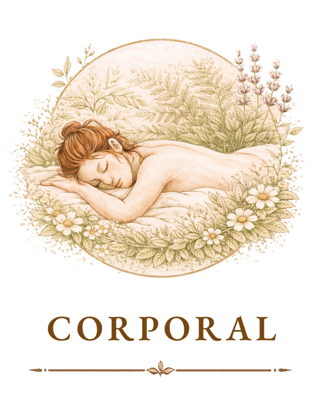 Dibujo de una mujer dormida en una cama rodeada de flores de margarita y plantas, con la palabra 'Conoral' debajo.