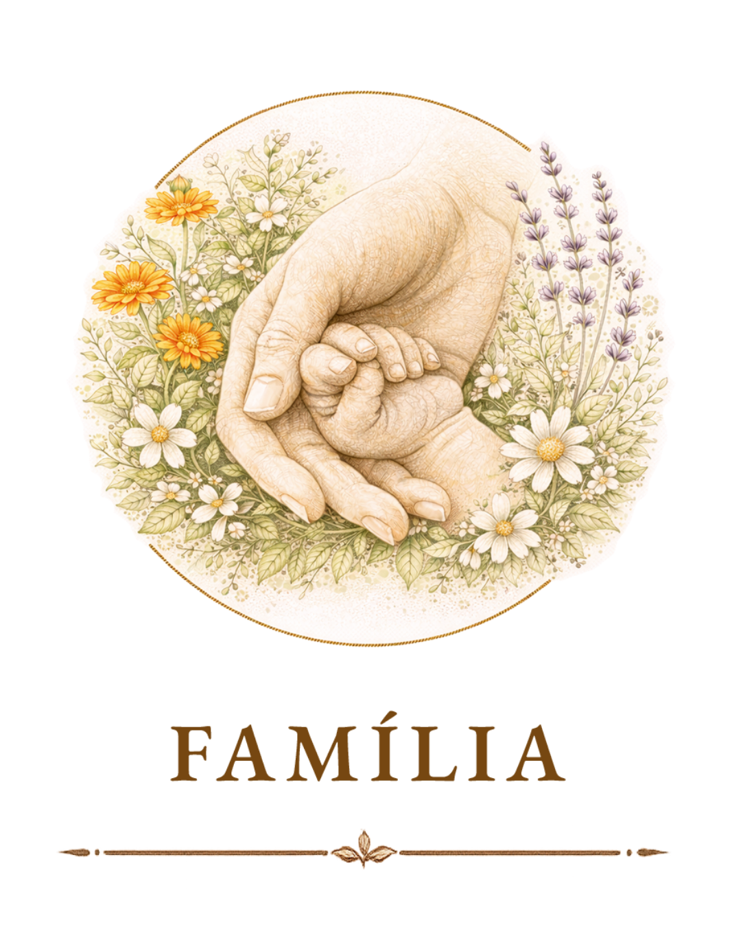 Ilustración de una mano de adulto sosteniendo la mano de un bebé, rodeados de flores y plantas en tonos pastel.