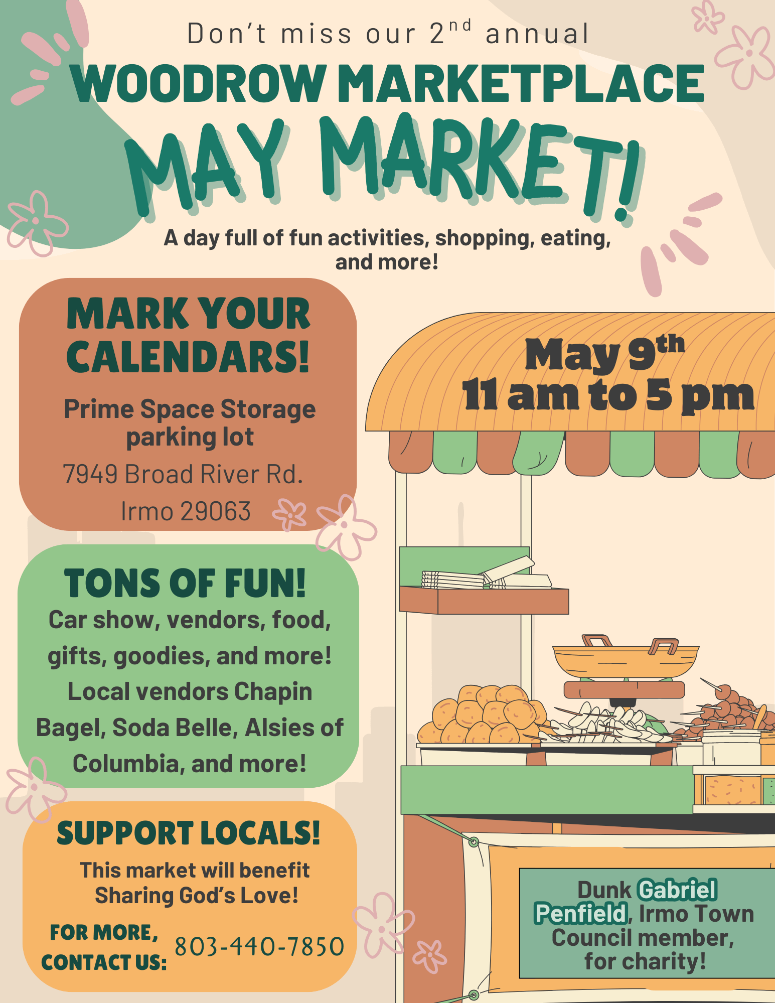 Flyer for the 2nd annual Woodrow Marketplace May Market, happening on May 9th from 11 am to 5 pm, featuring an outdoor market with food stands and vendors, supporting local businesses and charity, located at Prime Space Storage parking lot, 7949 Broad River Rd, Irmo 29063.