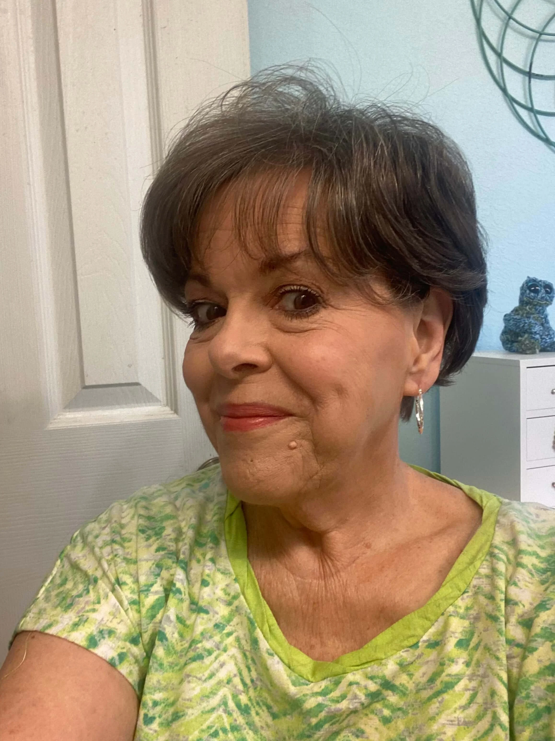 A woman with short brown hair, wearing a green patterned shirt, smiling in front of a door and a cabinet with a decorative owl on top.