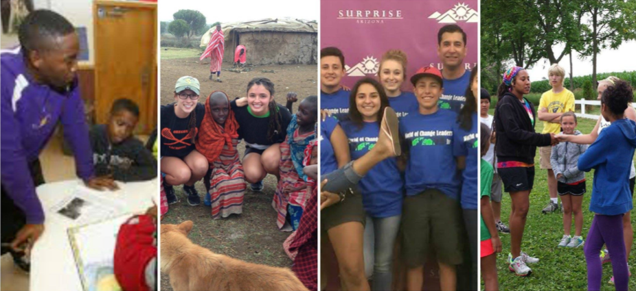 Four scenes: people in a classroom, a group of children and adults in a rural outdoor setting, a group of young people at a community event, and children outdoors on a field day.