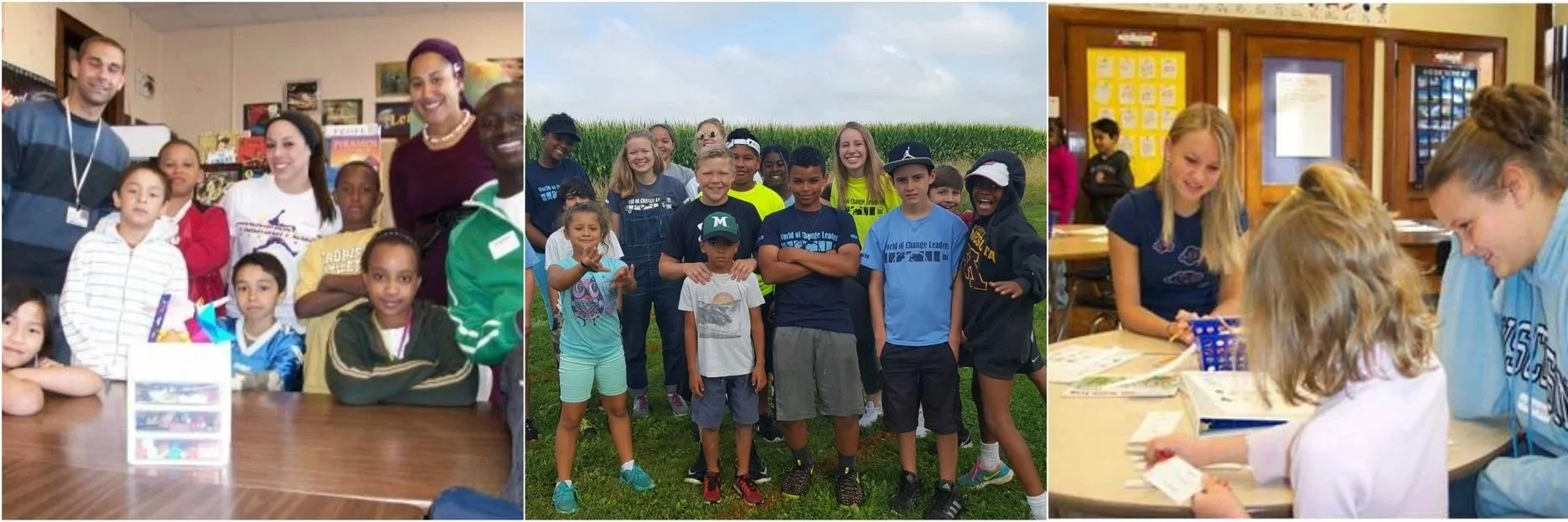 Group photos of children and adults engaging in different activities: in a classroom with teachers and students, outdoors with children in a field, and at a table with children reading or studying.
