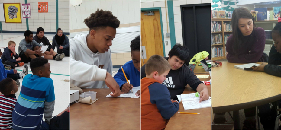 Four groups of students in a classroom engaged in various learning activities: a group sitting on the floor, a student working at a table, two students reading together, and two students in a library reading a book.