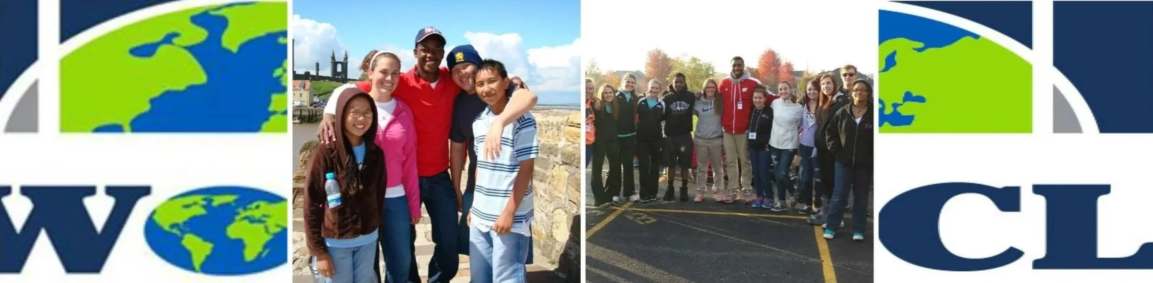 Two groups of diverse smiling young people posing outdoors against an overcast sky, a logo with a globe, and cityscapes, indicating a group event or trip.