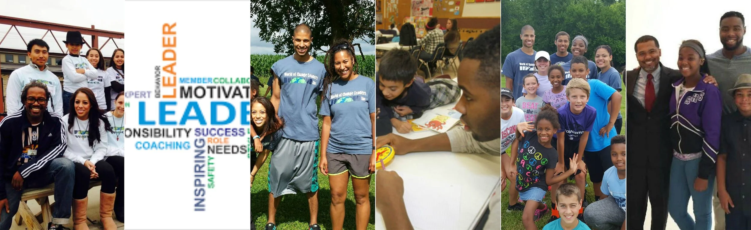 A collage of diverse groups of people, including adults and children, participating in various outdoor and indoor activities, some wearing matching shirts for a community or school event.