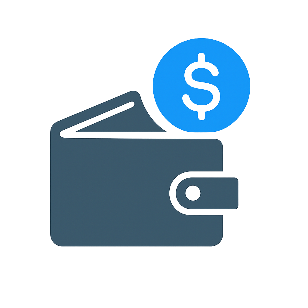 Illustration of a dark wallet with a blue coin displaying a dollar sign, placed next to a blue box. This indicates the waste of money that happens at events and how expensive they can become.