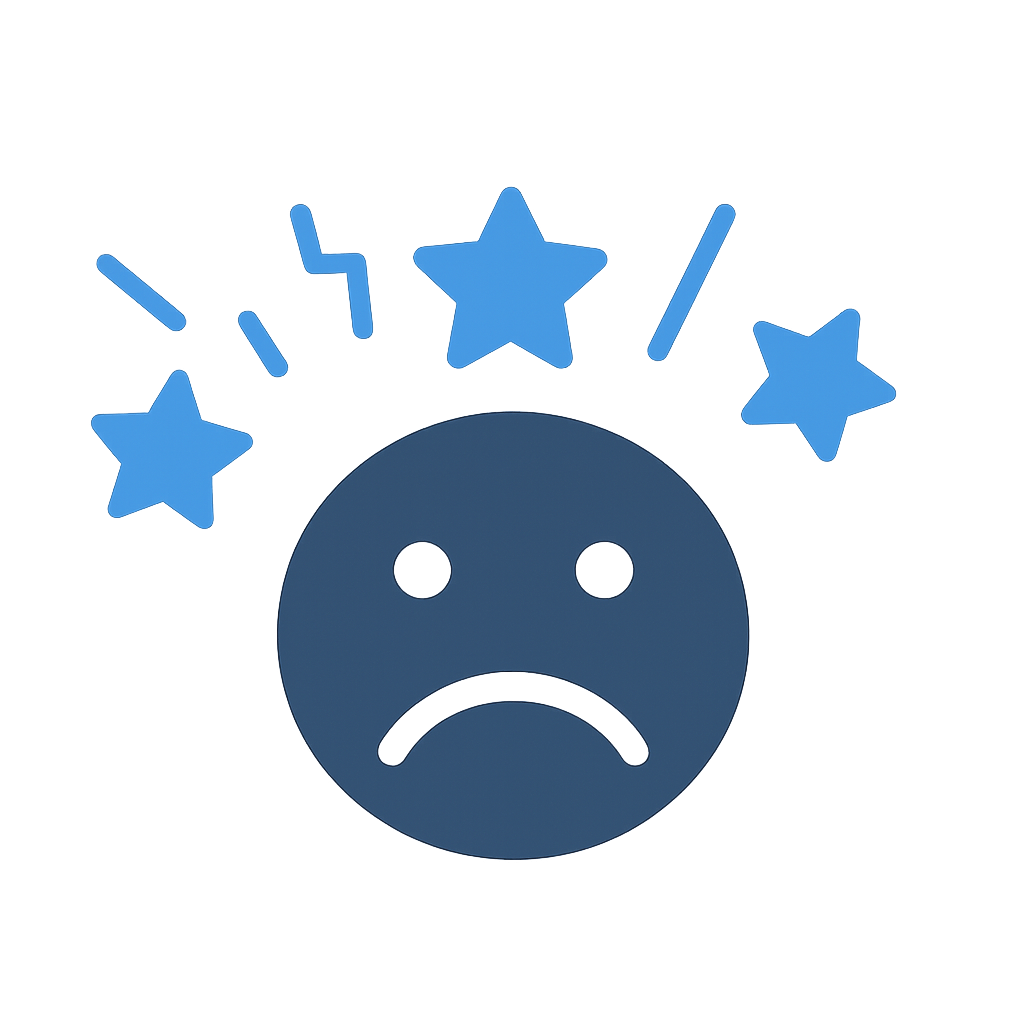 A blue 3D illustration of a sad face emoji with a large circle head and downward-curving mouth, surrounded by four star shapes with a shiny appearance. This is supposed to show how frustrated people can become at events when things don't go right.