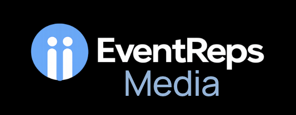 EventReps Media logo with a blue circle and two white dots resembling eyes, on a black background.
