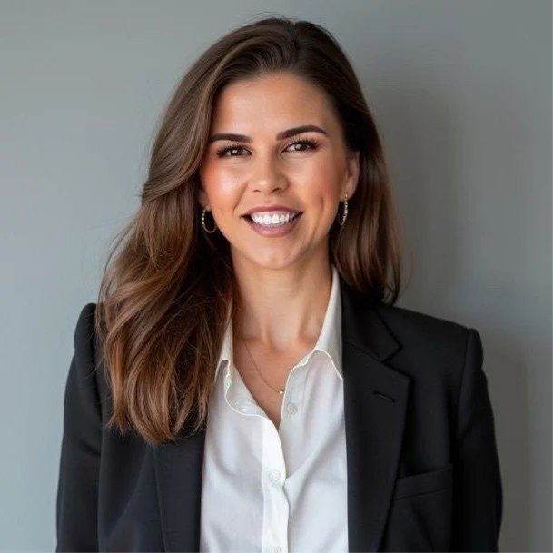 Professional woman with shoulder-length brown hair, smiling, wearing a black blazer over a white shirt, earrings, and a necklace, standing against a plain gray background.