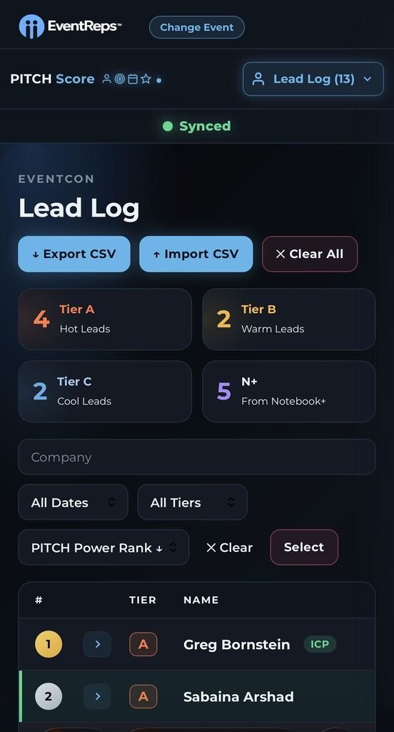 View all your leads in one easy hub in PITCH Score's Lead Log