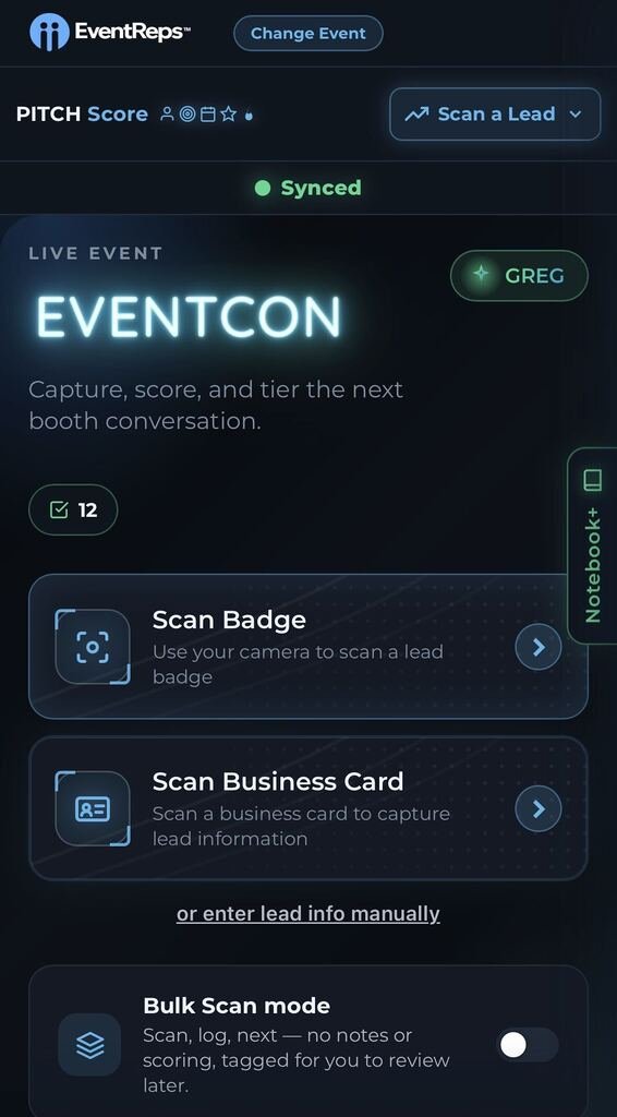 PITCH Score's Main Badge Scanning Page