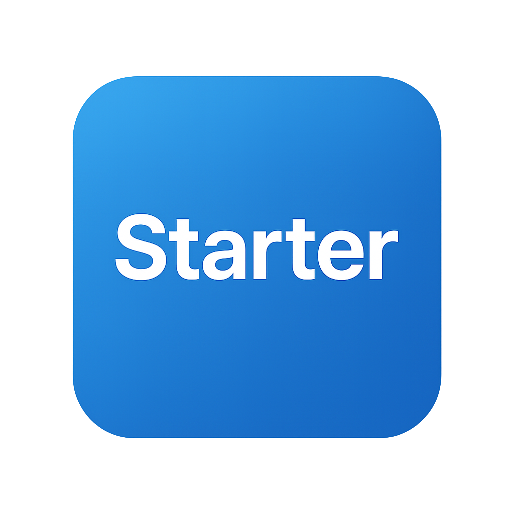 Blue button labeled 'Starter' with rounded edges. This is the picture of the EventReps starter package. It includes pre-event, event and post-event coverage with the team for one event.