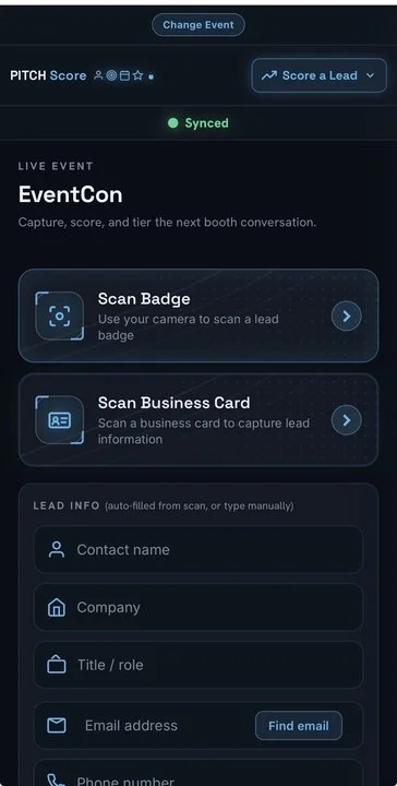 Screenshot of a mobile app screen for the PITCH Score Badge Scanner Lead Management System, showing options to scan a lead's badge or business card, with fields to enter contact information.