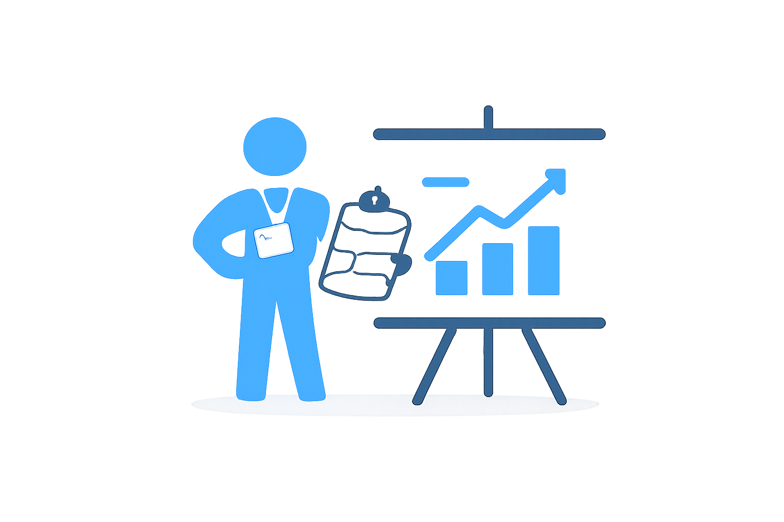 A digital illustration of a person with a badge, standing with arms crossed next to a table. There are charts and graphs on screens and a presentation board, suggesting a business or data analysis setting. This means that at the event we win for you.