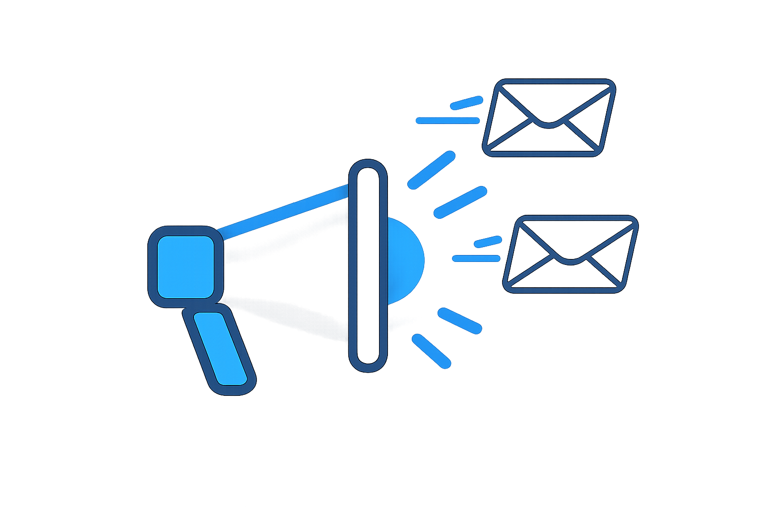 A digital illustration of a blue megaphone emitting digital messages and icons representing email. Supposed to indicate trade-show and event effectiveness at the pre-event stage.