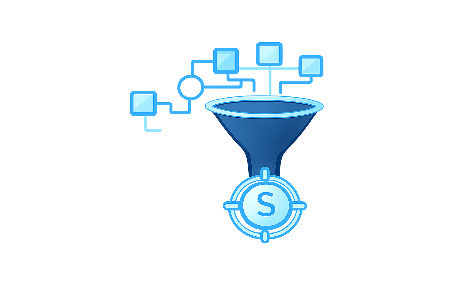 Digital illustration of a funnel with a coin labeled 'S' at the bottom, representing a sales or marketing funnel with digital elements in the background. This shows the monetary effectiveness of EventReps and how we convert.