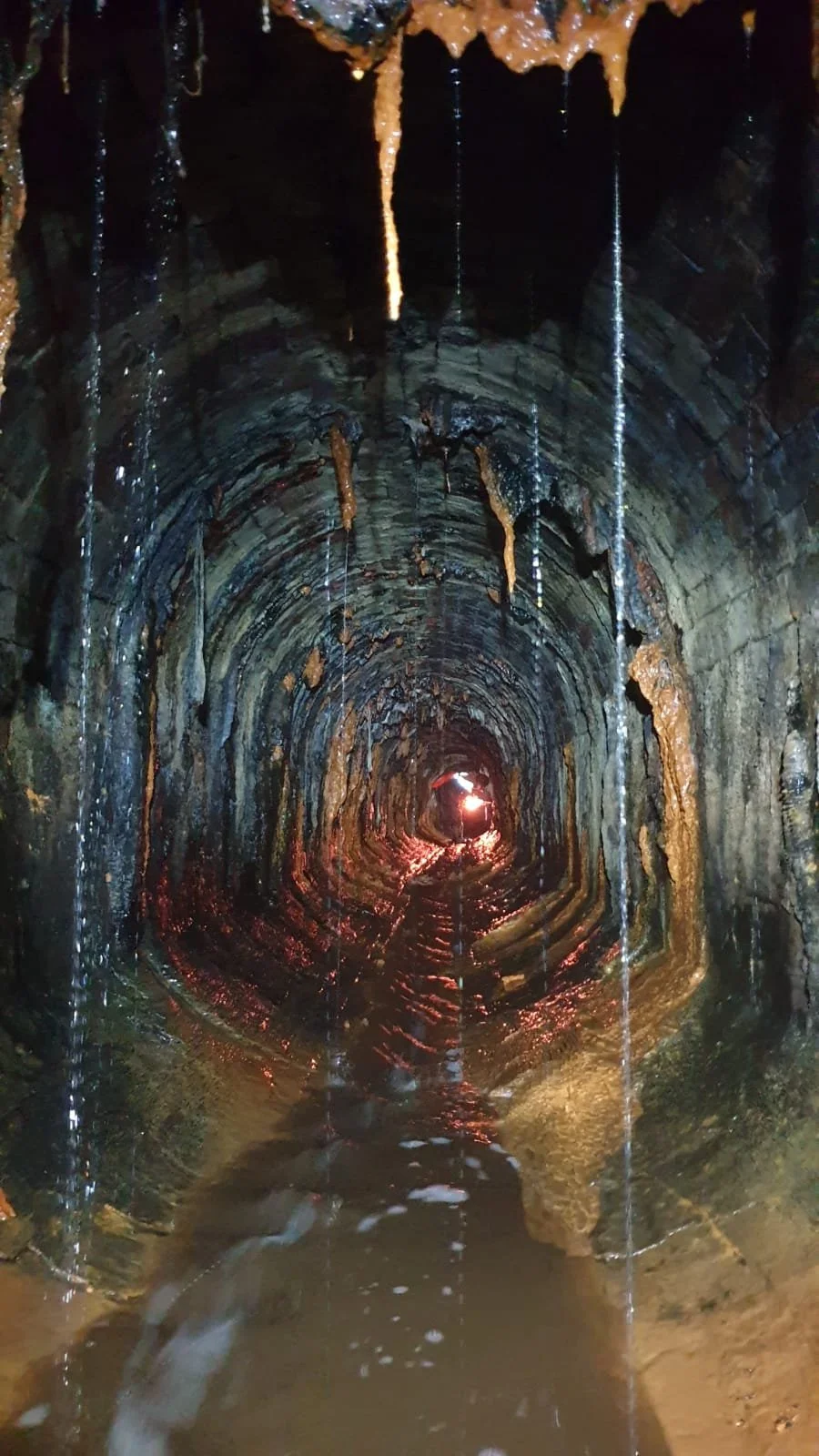 A view inside a dark, wet mine shaft or tunnel with circular brick walls and water at the bottom, illuminated by a distant light at the end of the tunnel.