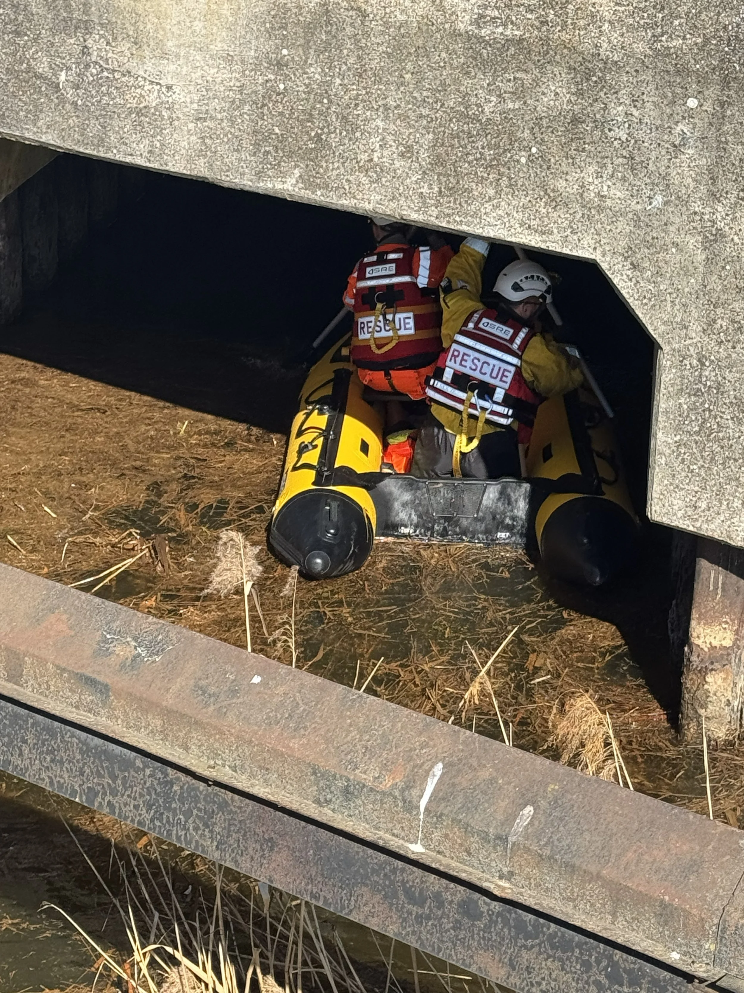Rescue personnel working underneath a concrete bridge, wearing rescue gear and helmets, using equipment to assist with a rescue or inspection.