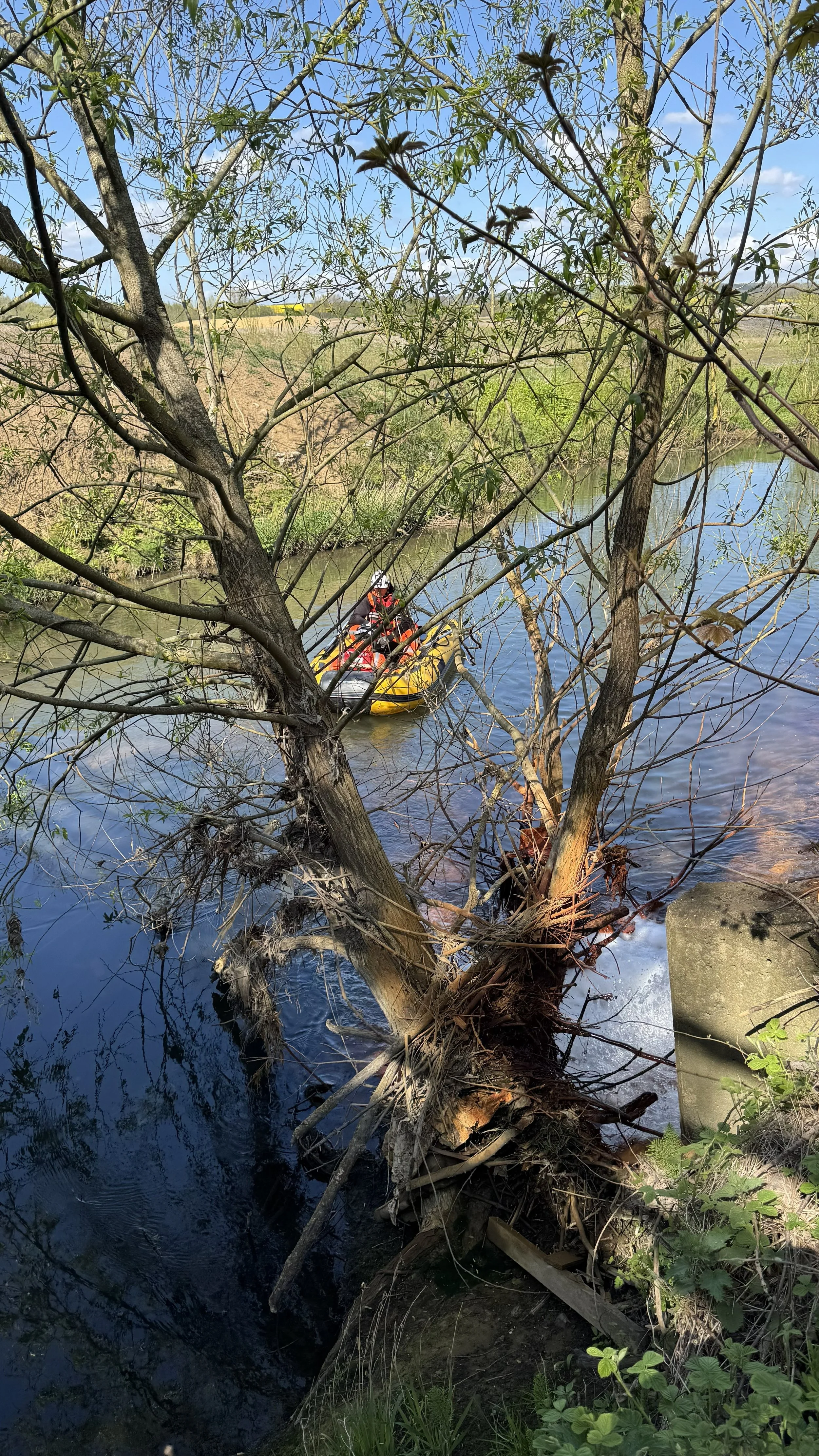 A yellow inflatable boat with people in life jackets near a tree by a river, surrounded by greenery and blue sky.