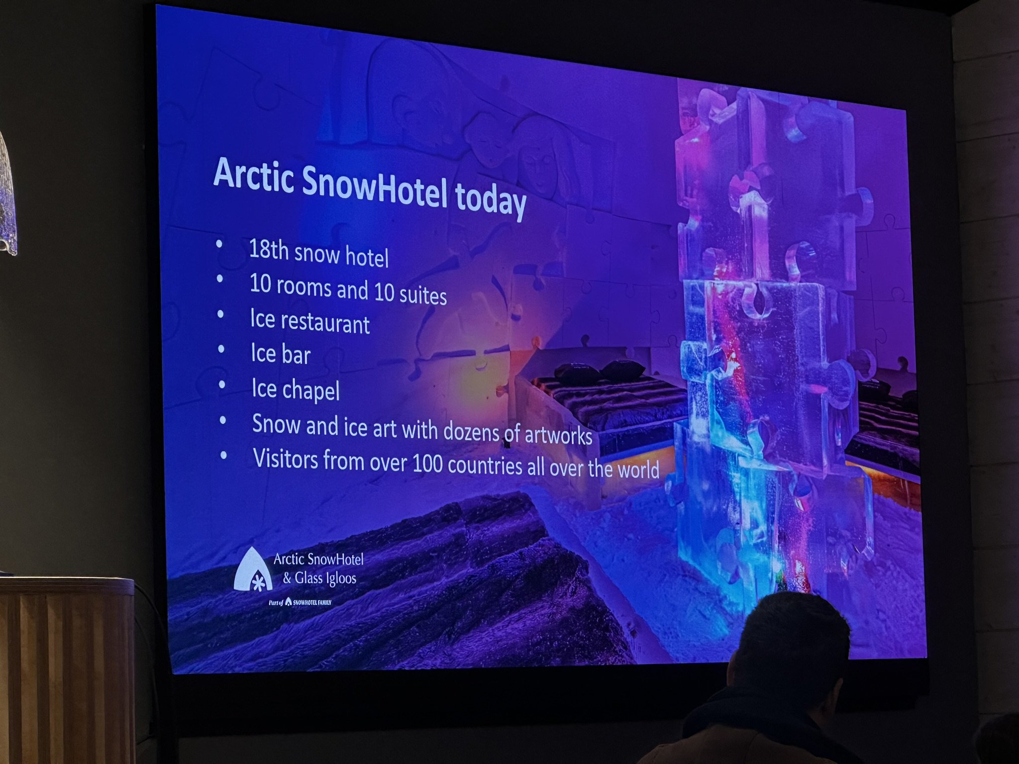 Arctic SnowHotel presentation slide showing ice restaurant, ice bar, and ice chapel - what to expect at Finland's famous snow hotel