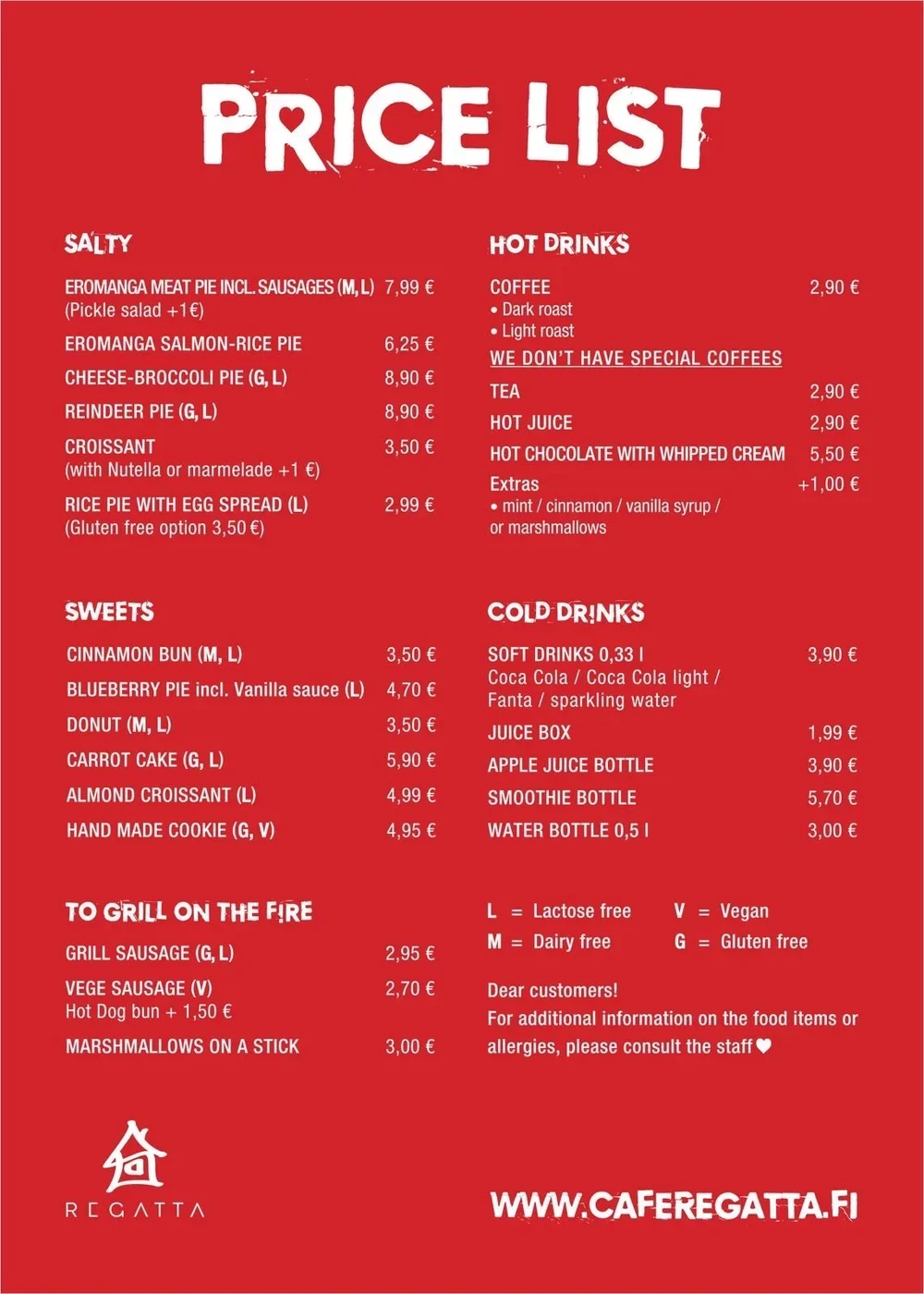 cafe website red background white type with pricing and items