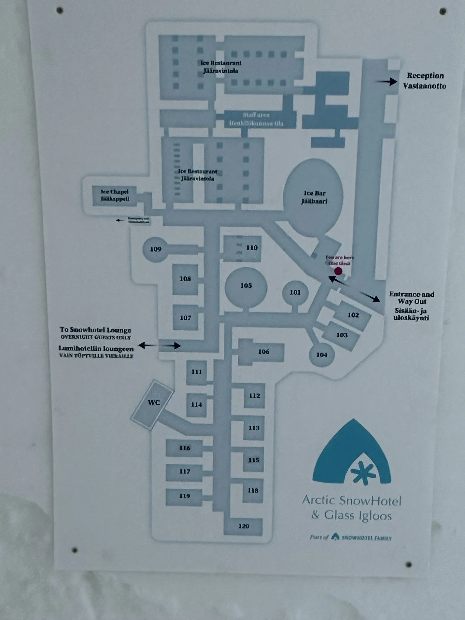 picture of Arctic SnowHotel floor plan map showing ice rooms, Ice Bar, Ice Chapel and Ice Restaurant layout