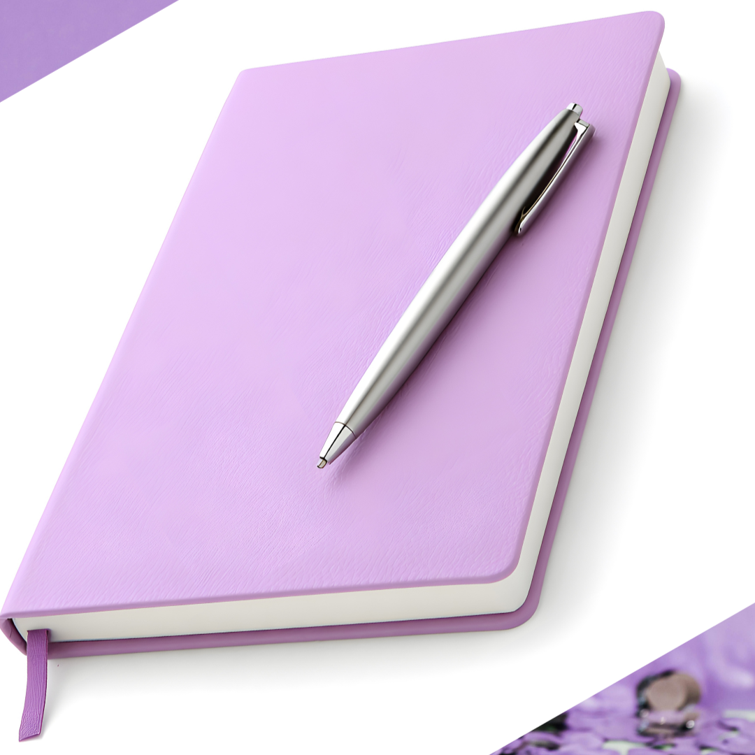 A closed lavender notebook with a ribbon bookmark, topped with a silver pen, on a white surface.