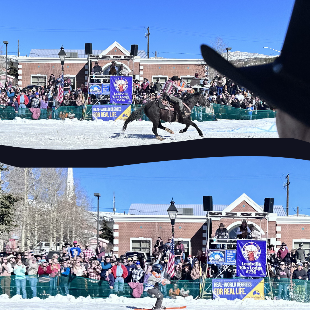 Crowds lining Harrison Avenue watching Leadville Skijoring winter competition