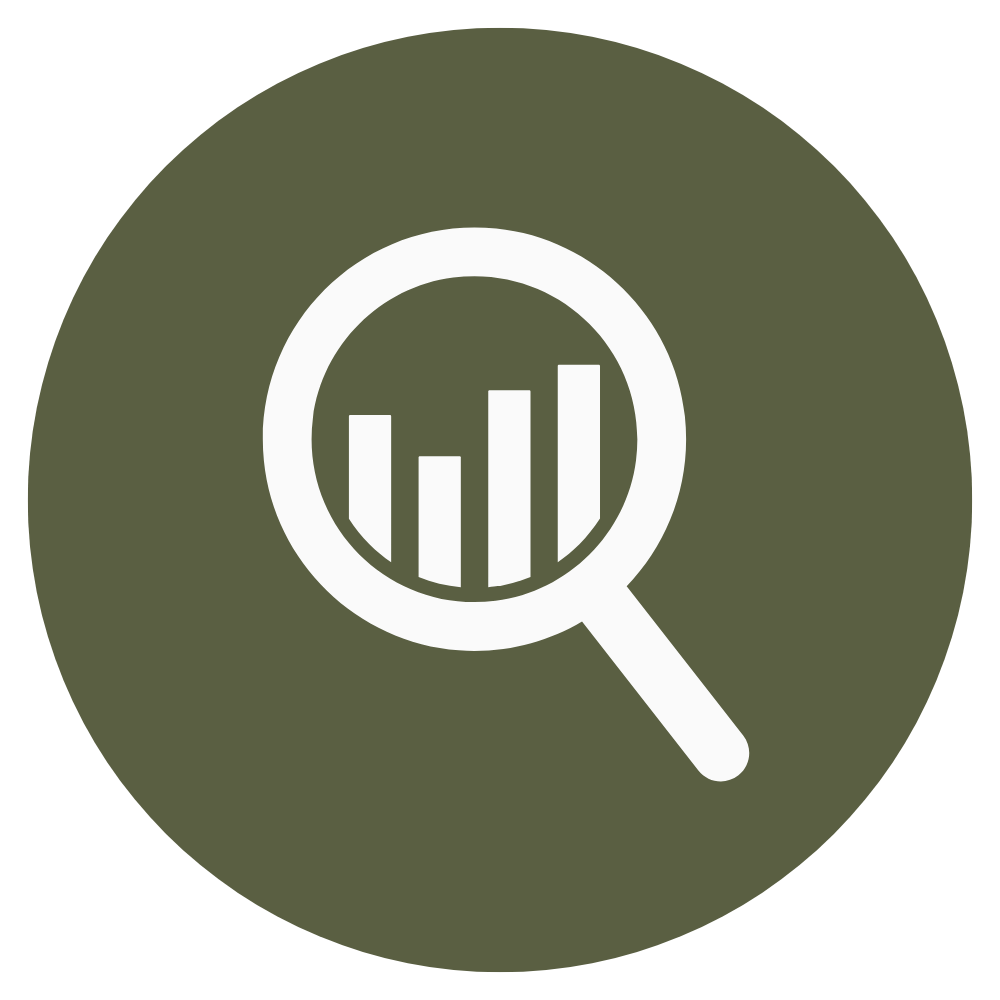 Icon of a magnifying glass over a bar chart, representing data analysis or research.