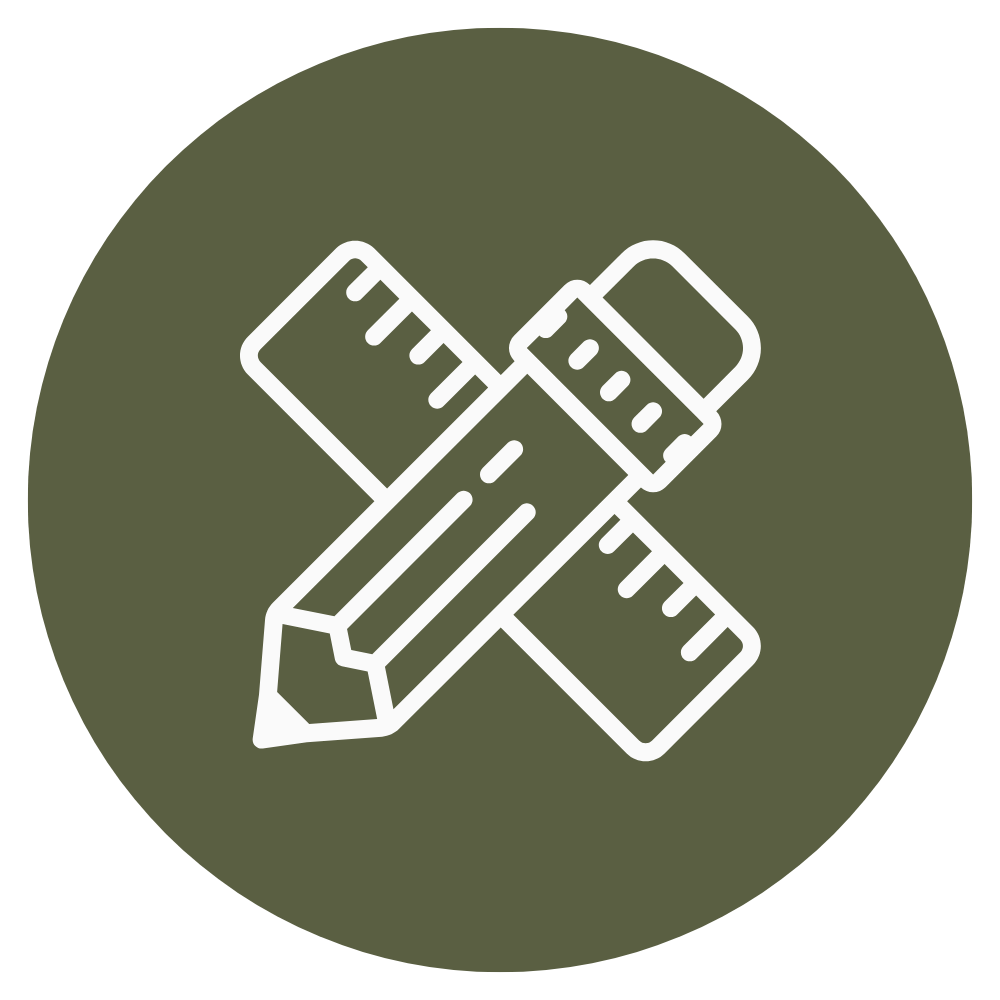 Icon of a pencil crossed with a ruler and a measuring tape on a dark green circular background.