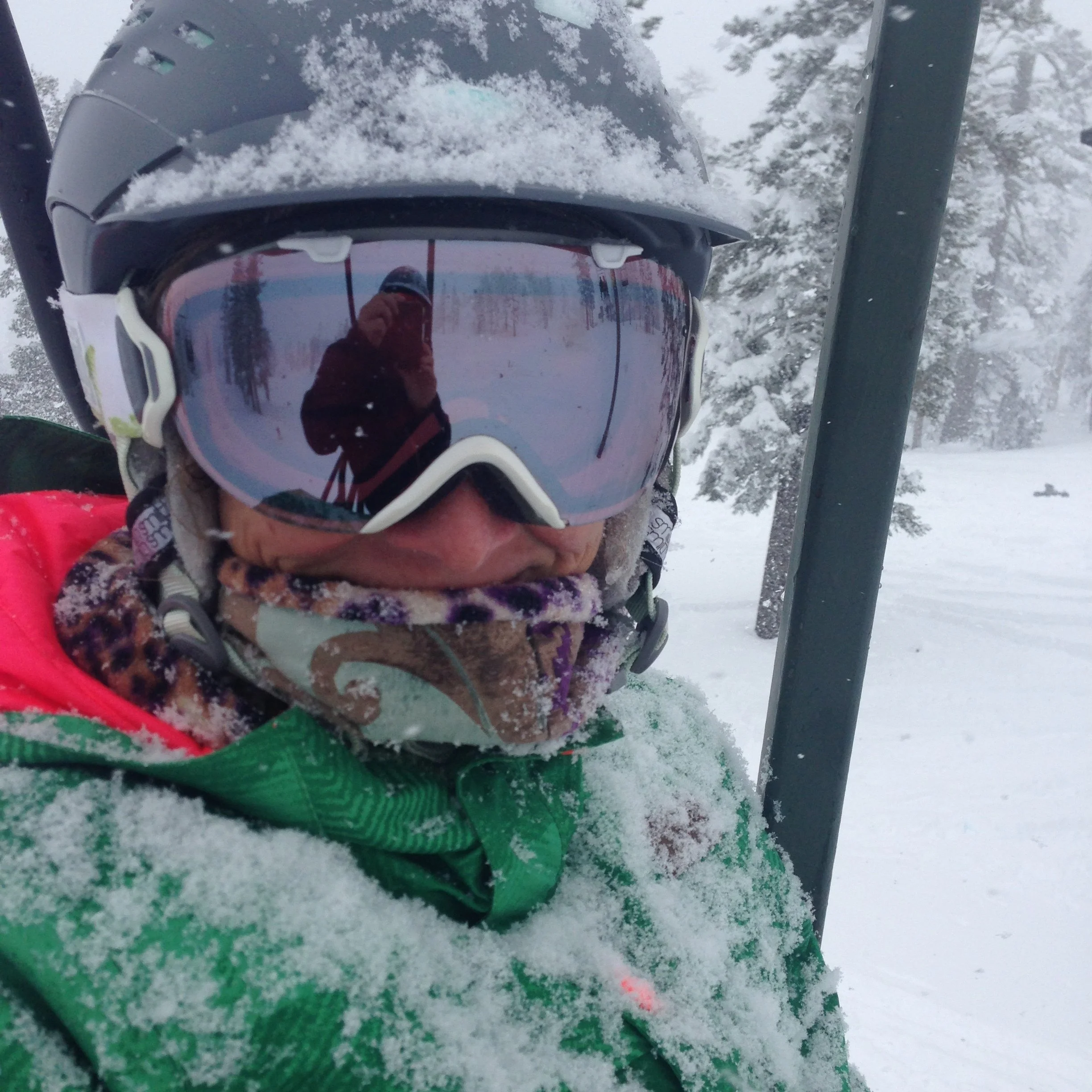 Person in winter gear with a helmet, goggles in a snowy landscape.