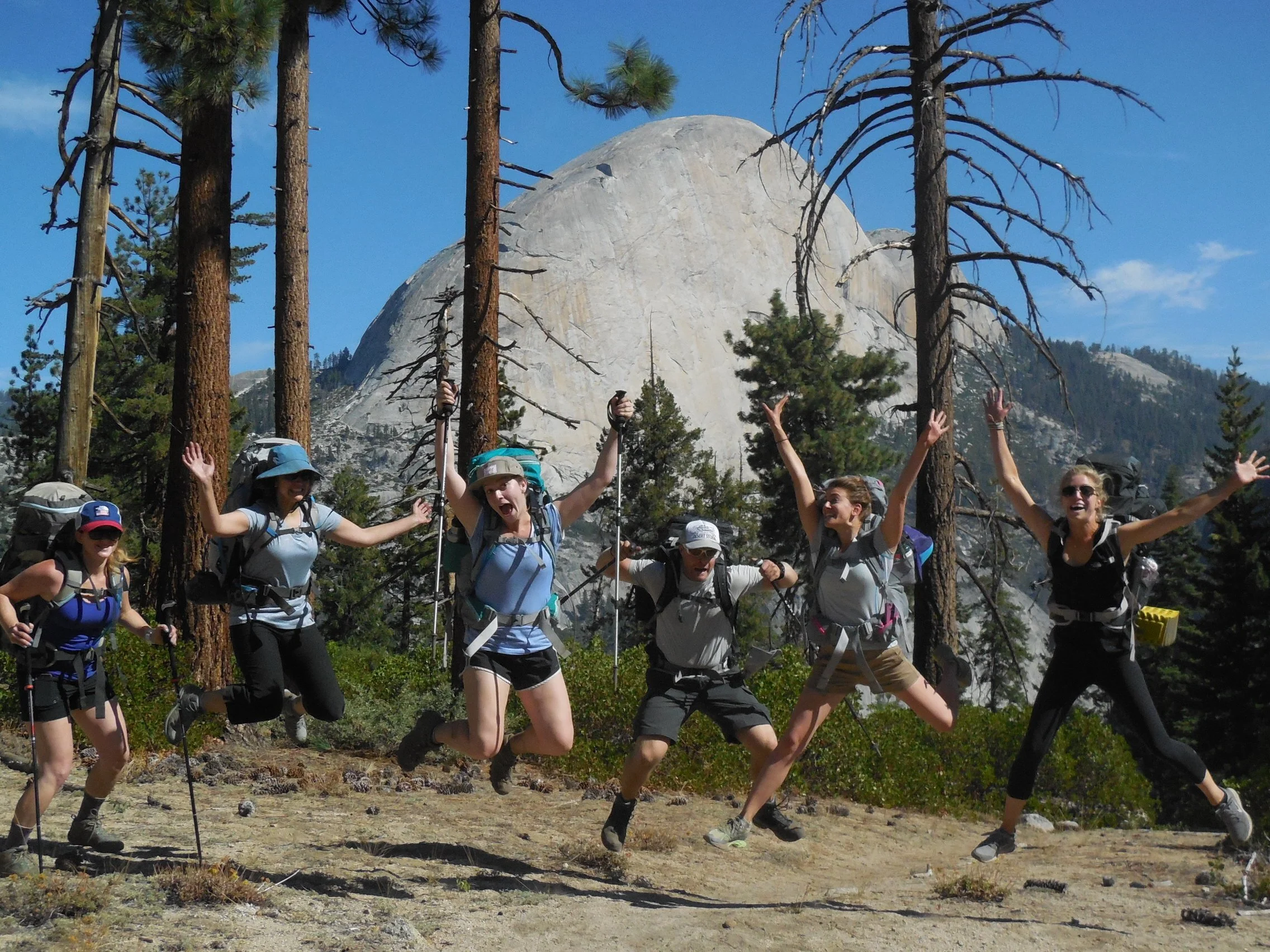 A group of six hikers jumping in the air on a trail in a forest on a backpacking acitivity