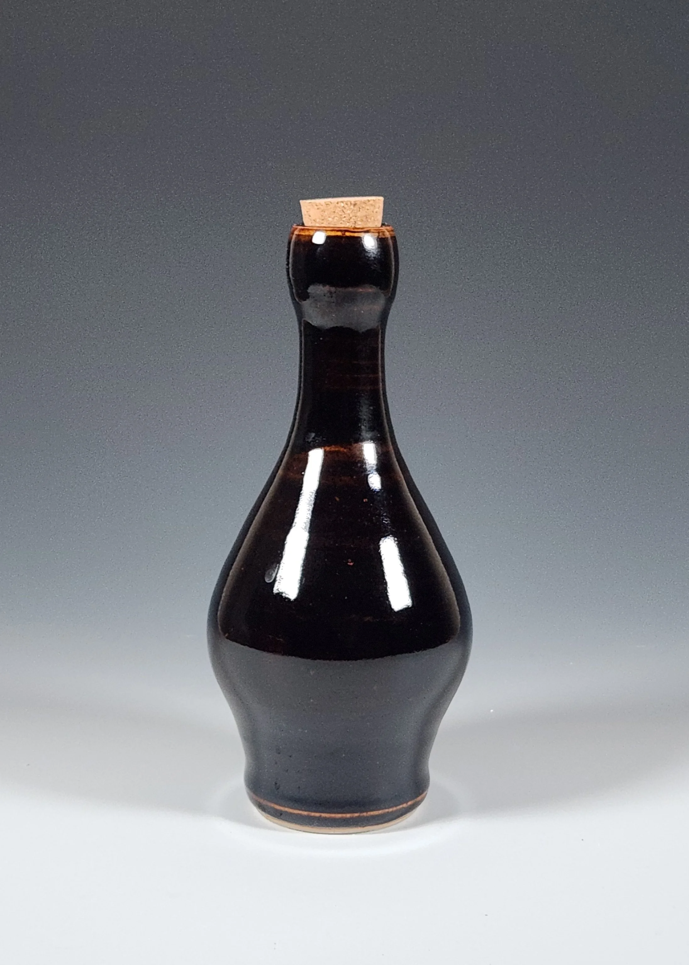 "Handmade Stoneware Bottle with Shiny Black Tenmoku Glaze" (7.5 inch)