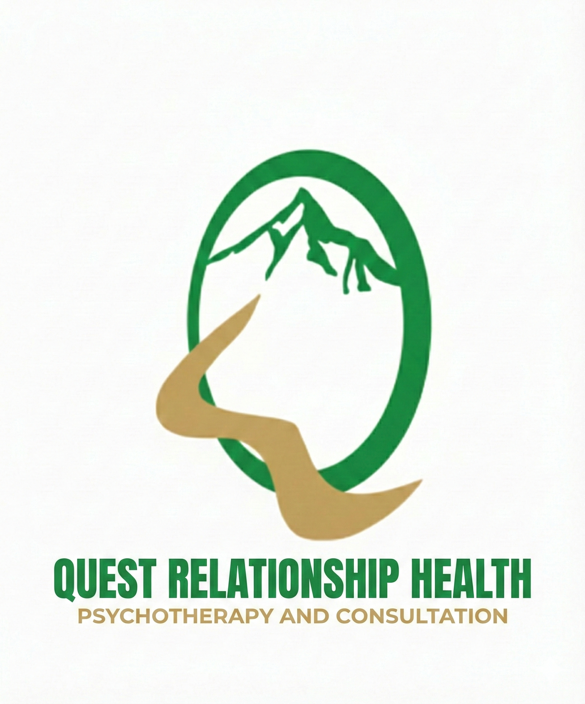 Logo with mountain and lake scene, green and gold colors, and text 'Quest Relationship Health Psychotherapy and Consultation.'